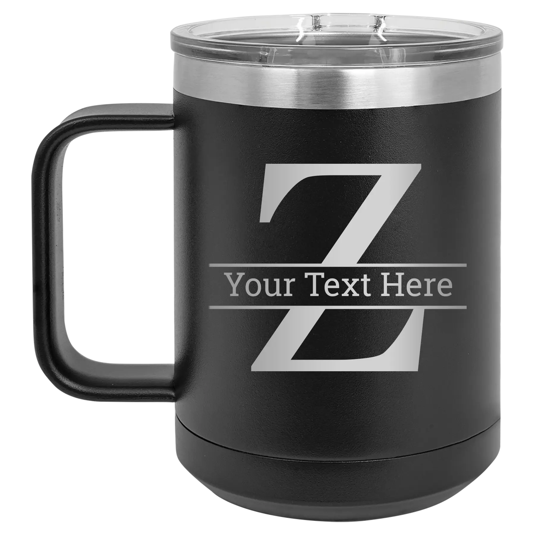 Personalized black 15 oz vacuum insulated coffee mug with 'Monogram letter Z' design