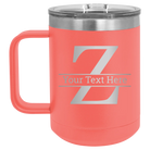 Personalized coral 15 oz vacuum insulated coffee mug with 'Monogram letter Z' design