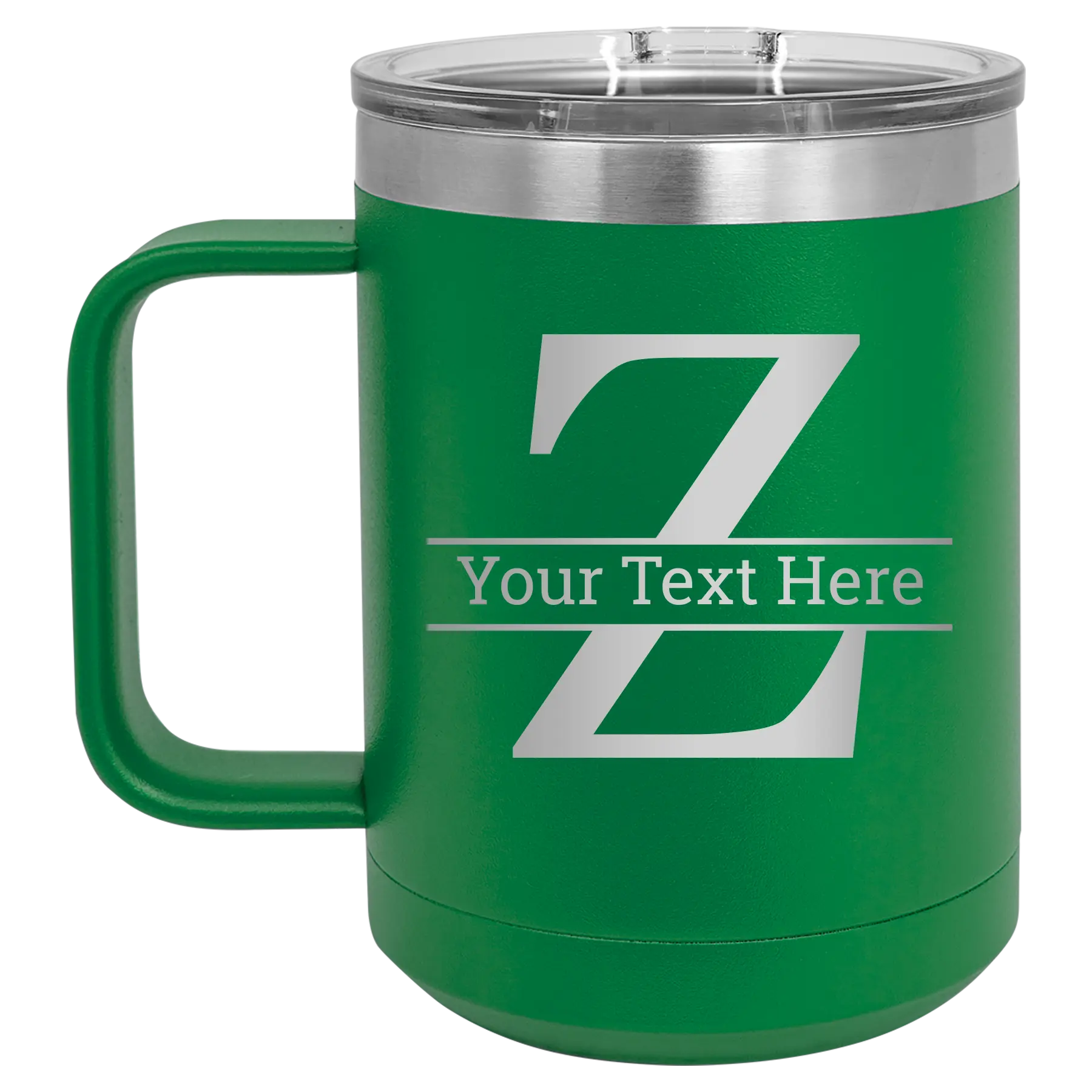 Personalized green 15 oz vacuum insulated coffee mug with 'Monogram letter Z' design