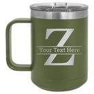 Personalized olive green 15 oz vacuum insulated coffee mug with 'Monogram letter Z' design