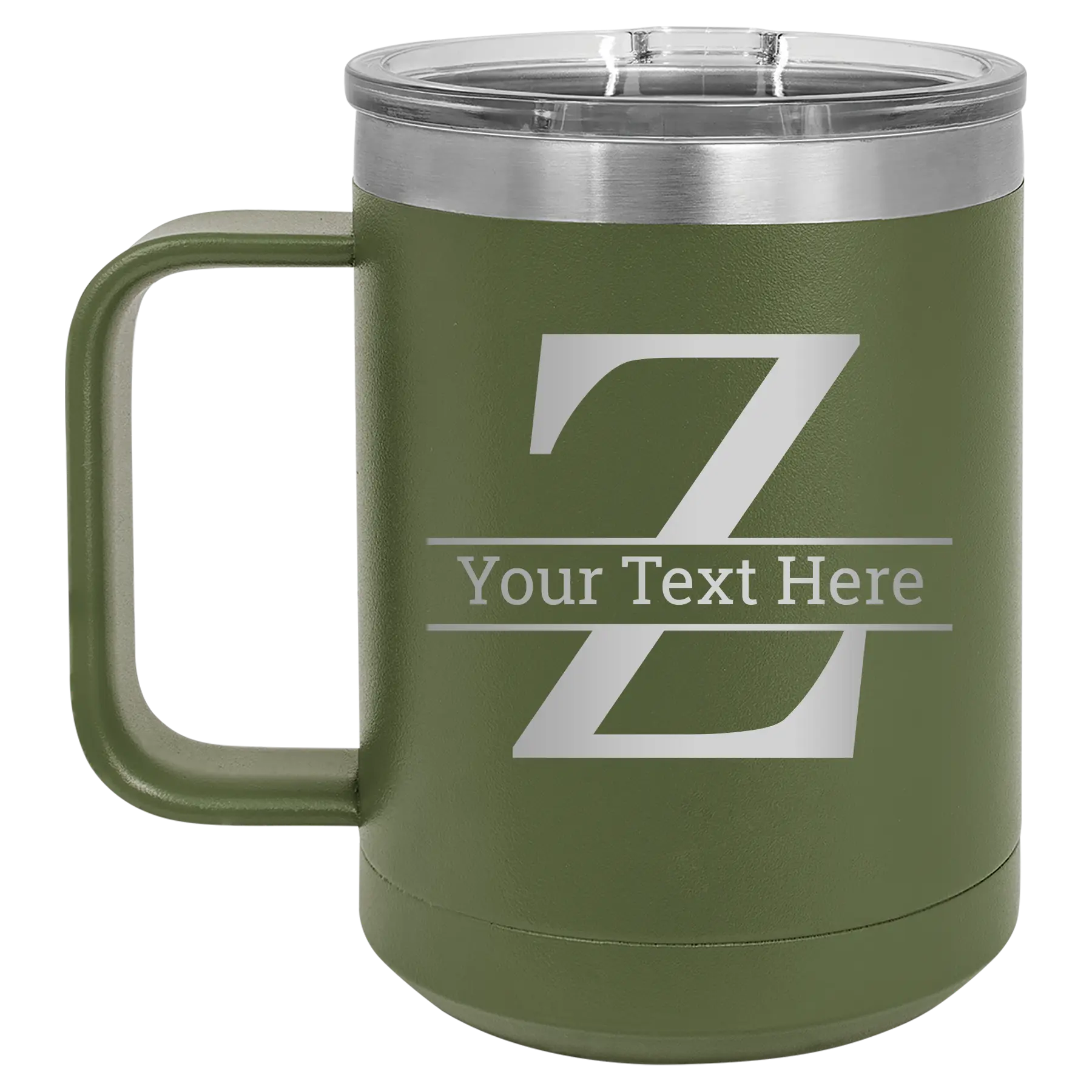 Personalized olive green 15 oz vacuum insulated coffee mug with 'Monogram letter Z' design