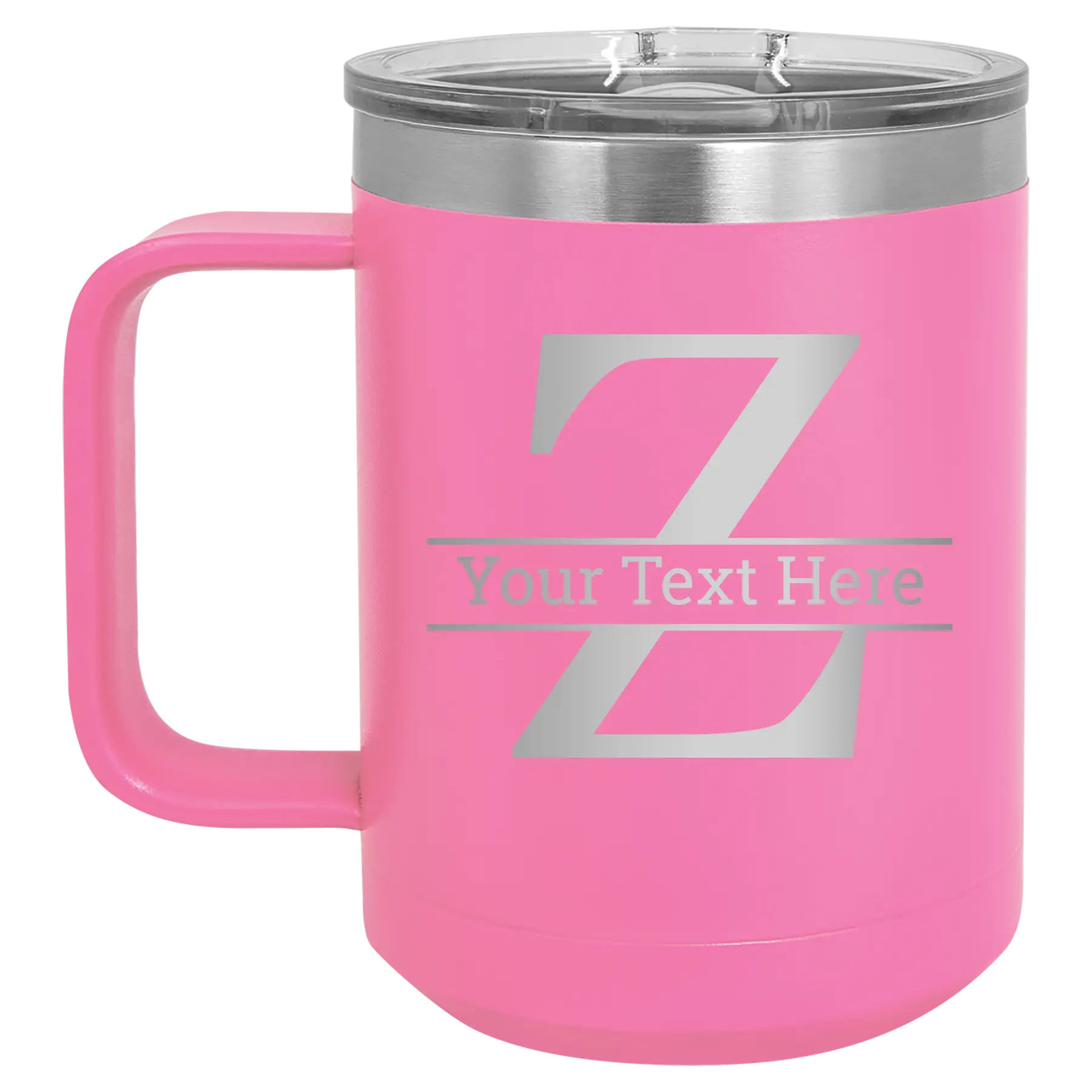 Personalized pink 15 oz vacuum insulated coffee mug with 'Monogram letter Z' design