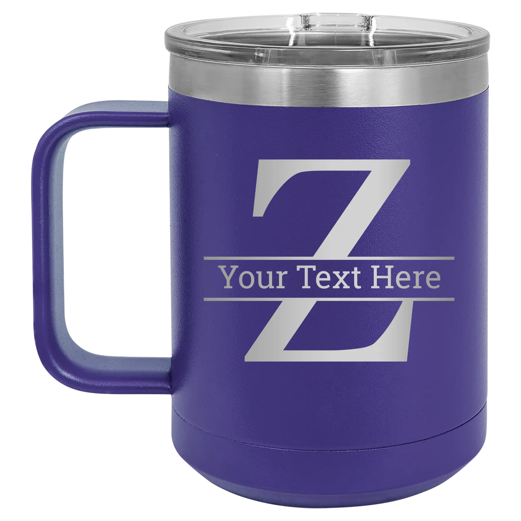 Personalized purple 15 oz vacuum insulated coffee mug with 'Monogram letter Z' design