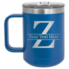 Personalized royal blue 15 oz vacuum insulated coffee mug with 'Monogram letter Z' design