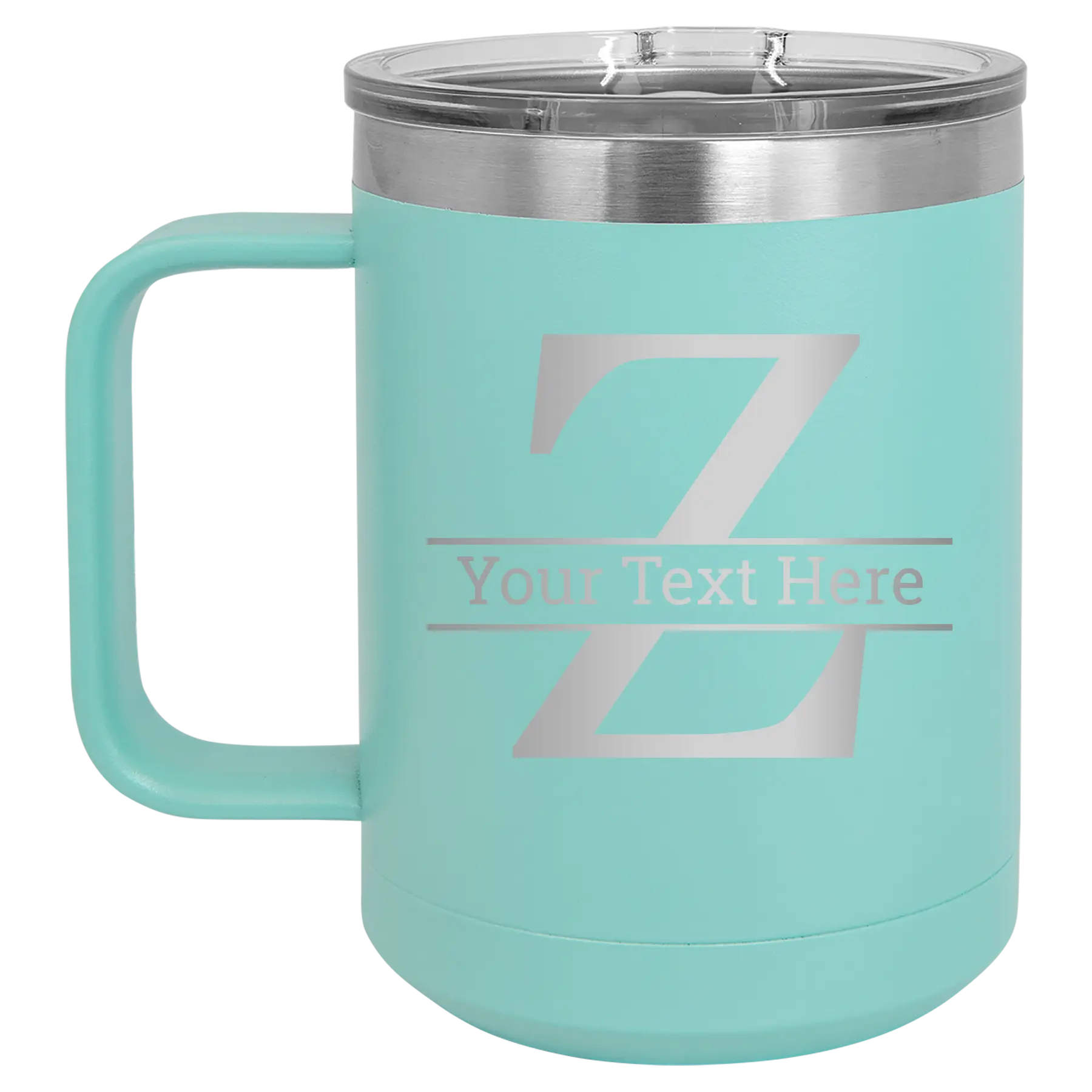 Personalized teal 15 oz vacuum insulated coffee mug with 'Monogram letter Z' design