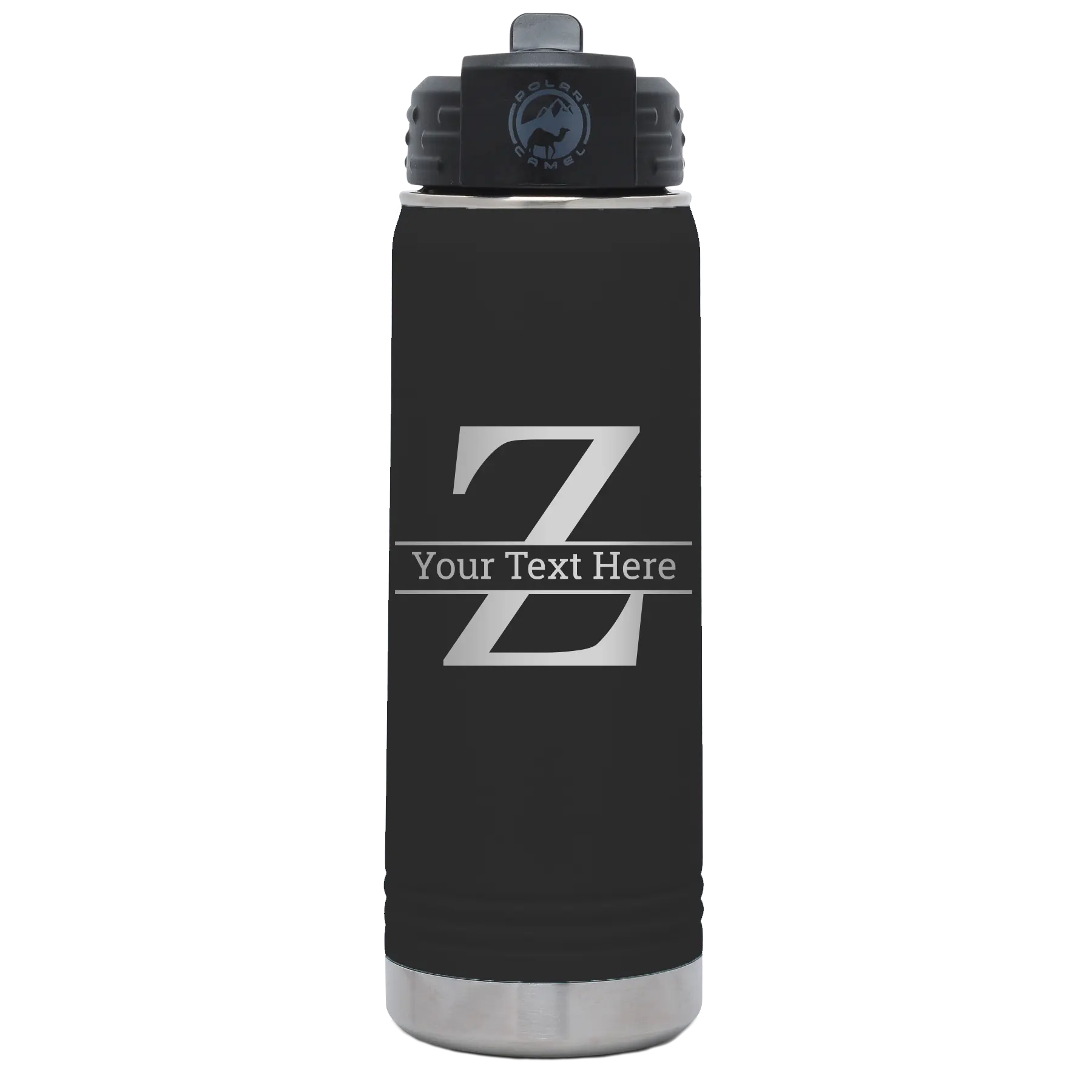 Personalized black 20 oz vacuum insulated water bottle with 'Monogram letter Z' design