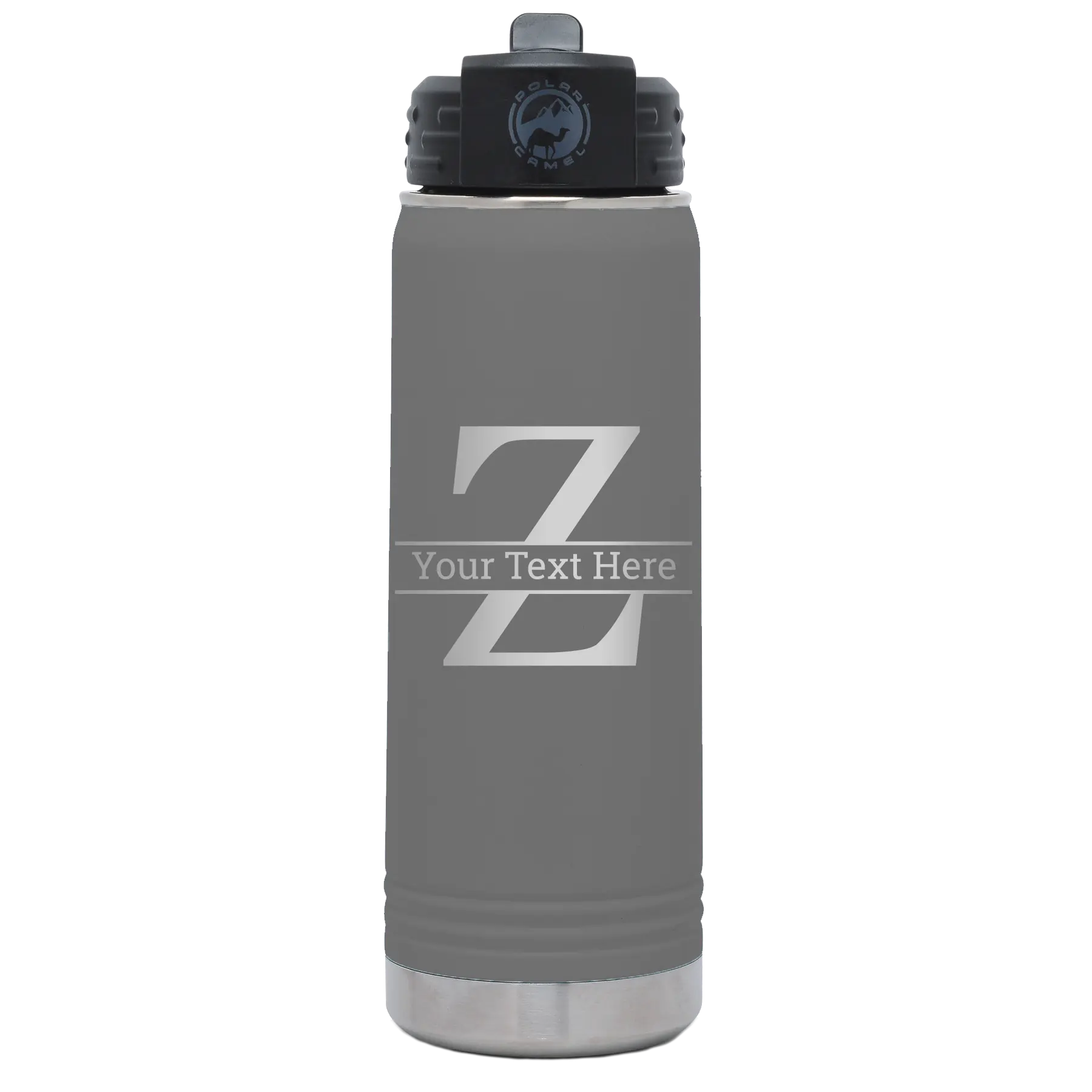Personalized dark gray 20 oz vacuum insulated water bottle with 'Monogram letter Z' design