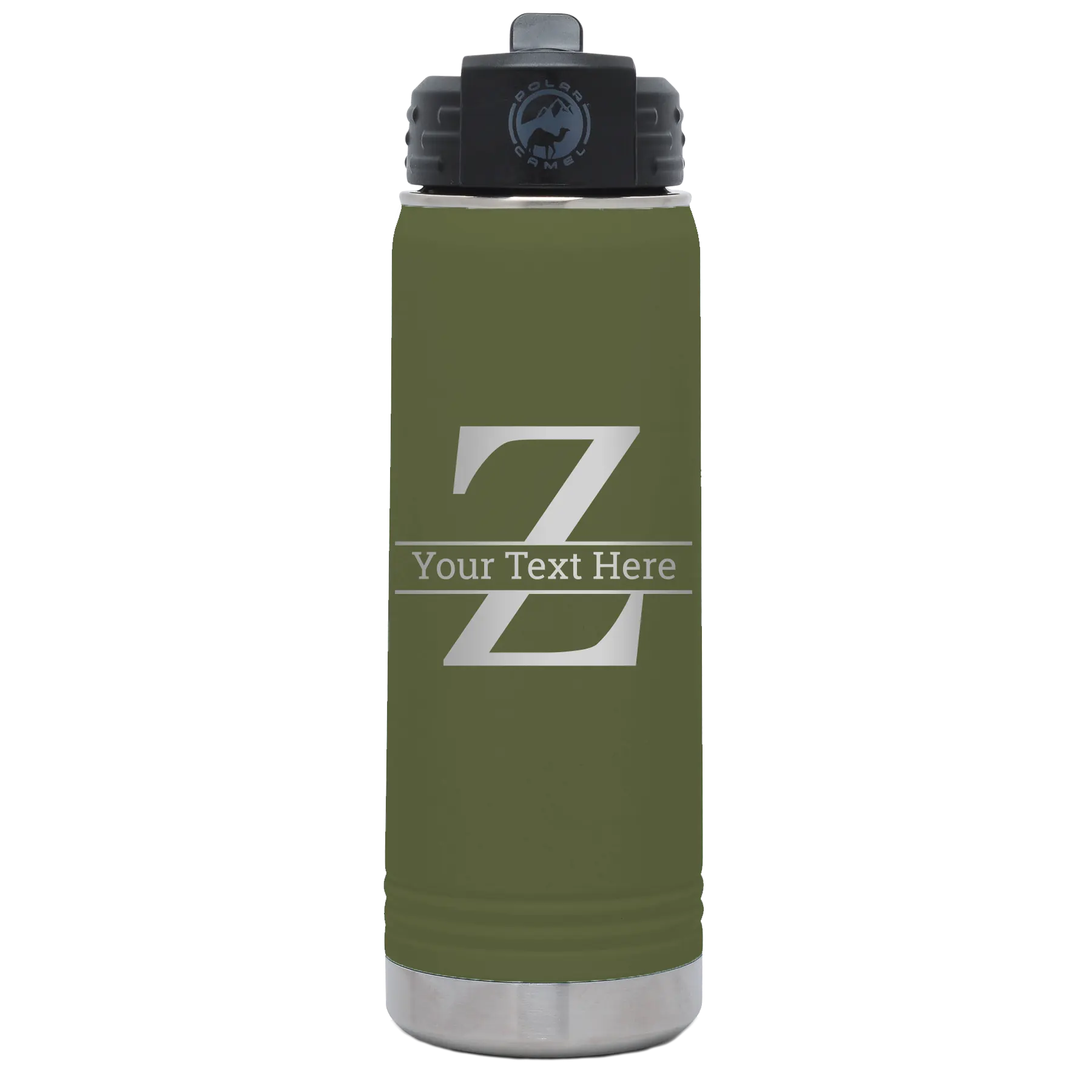 Personalized olive green 20 oz vacuum insulated water bottle with 'Monogram letter Z' design