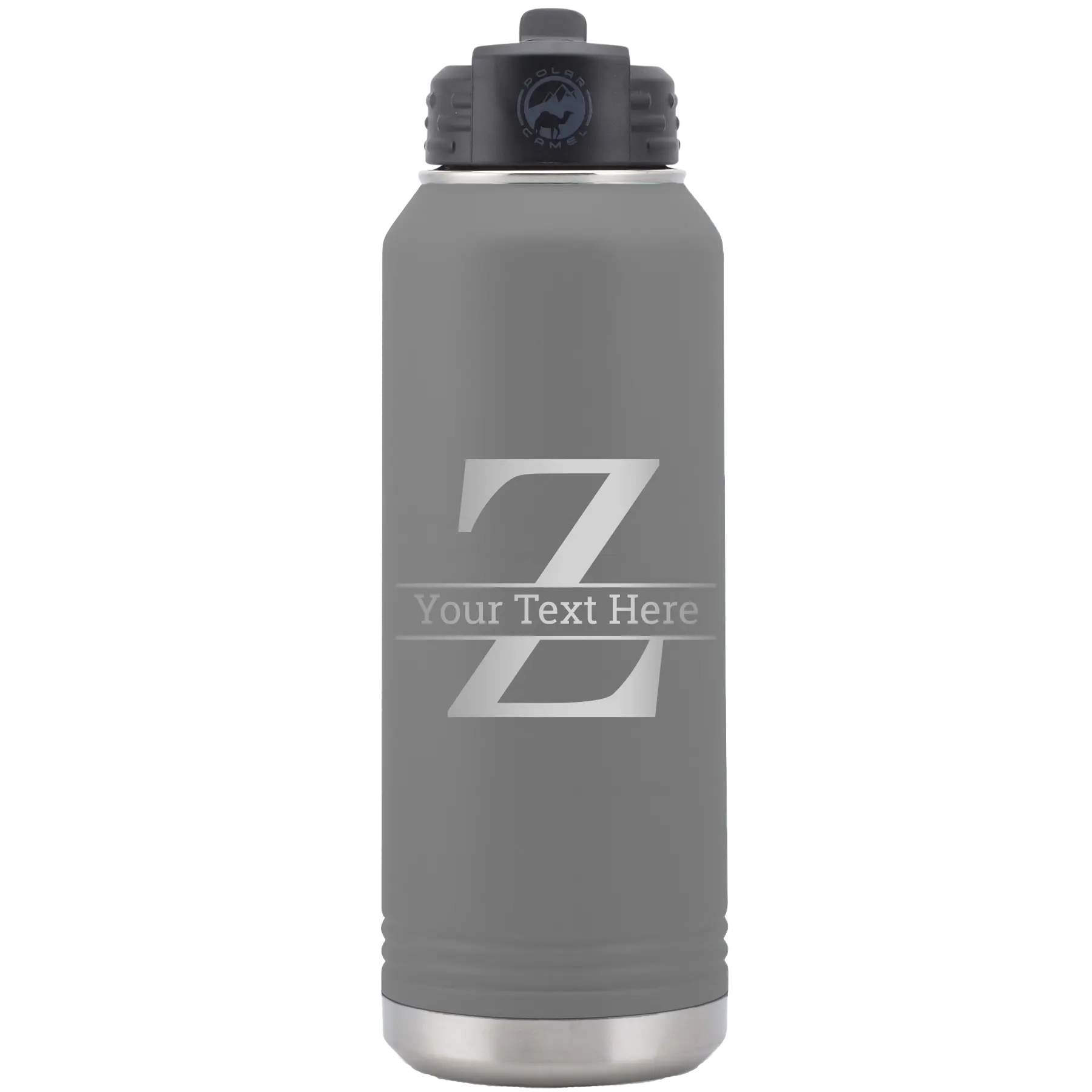 Personalized dark gray 32 oz vacuum insulated water bottle with 'Monogram letter Z' design