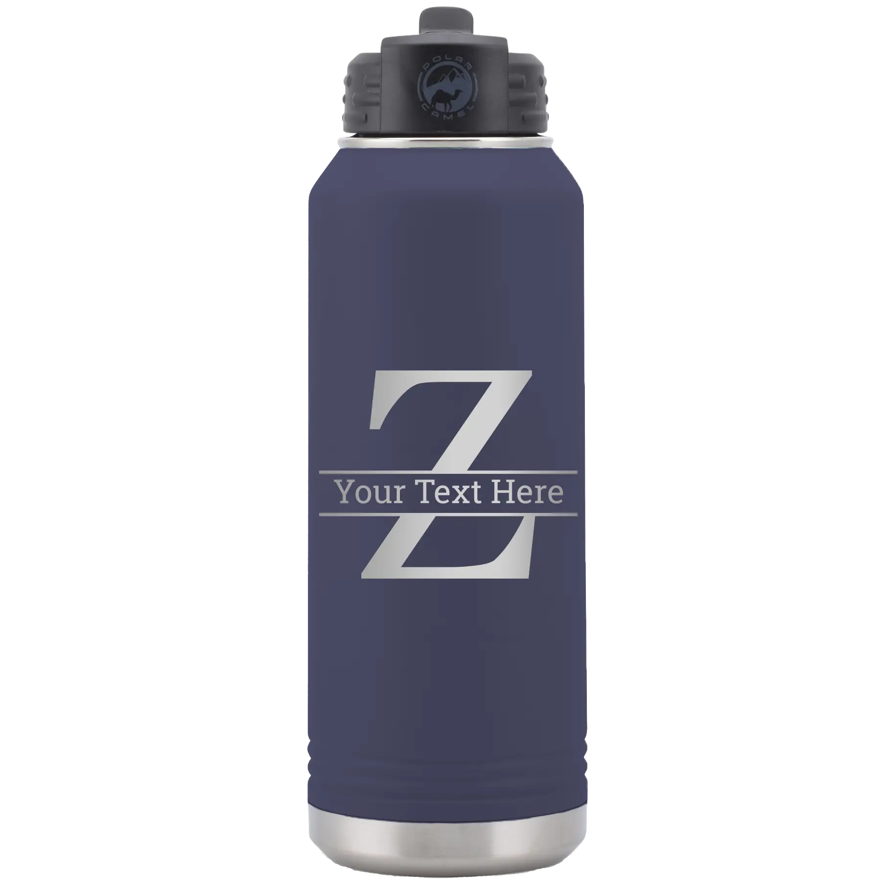 Personalized navy 32 oz vacuum insulated water bottle with 'Monogram letter Z' design