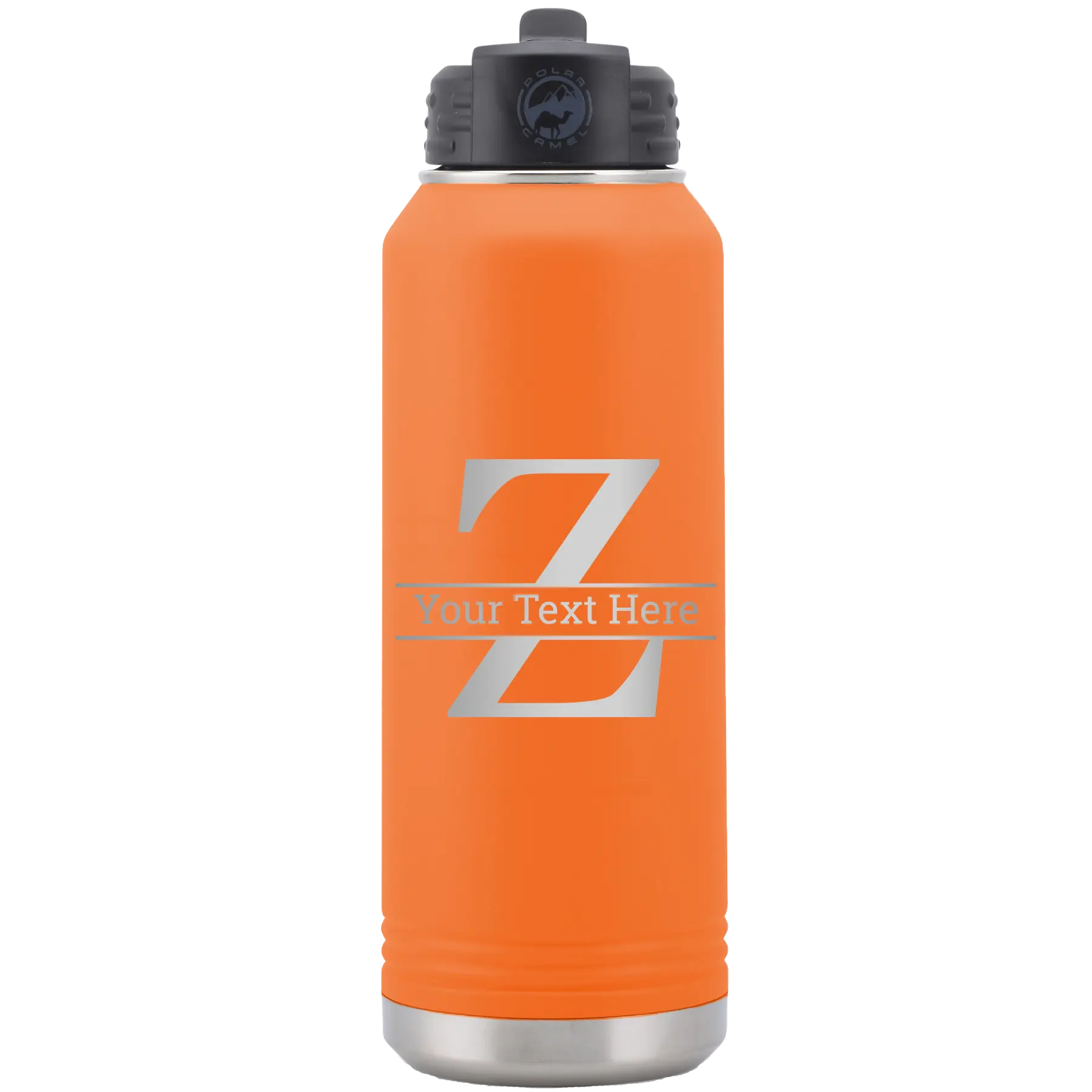 Personalized orange 32 oz vacuum insulated water bottle with 'Monogram letter Z' design