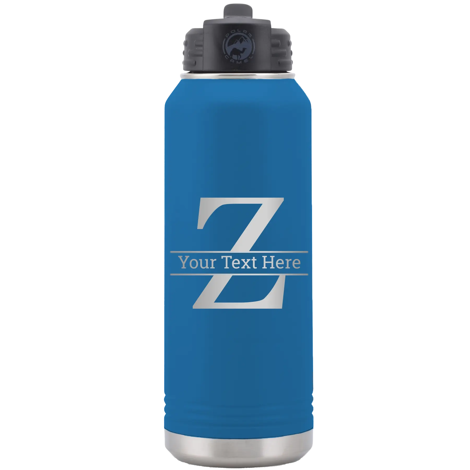 Personalized royal blue 32 oz vacuum insulated water bottle with 'Monogram letter Z' design