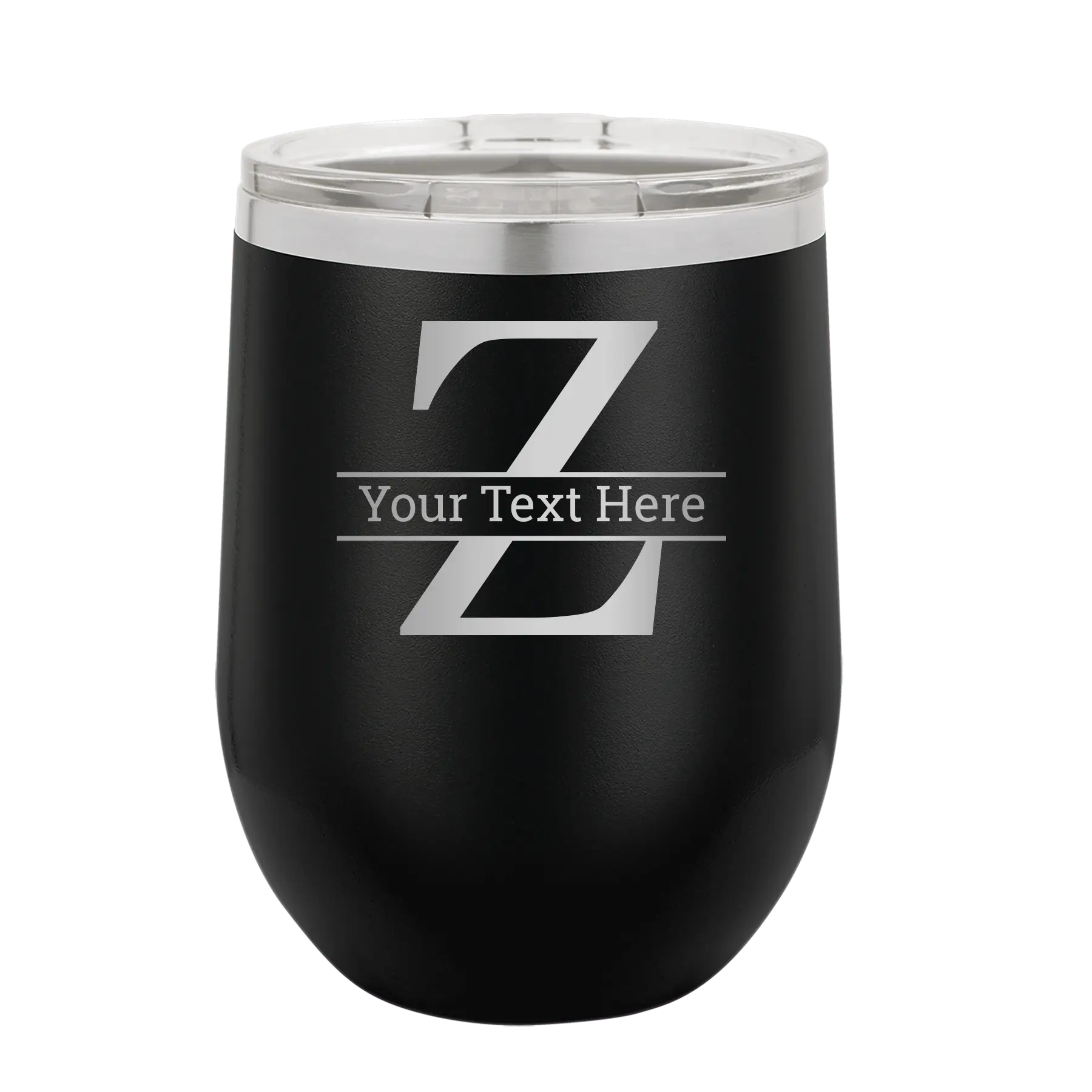 Personalized black 12 oz vacuum insulated wine cup with 'Monogram letter Z' design
