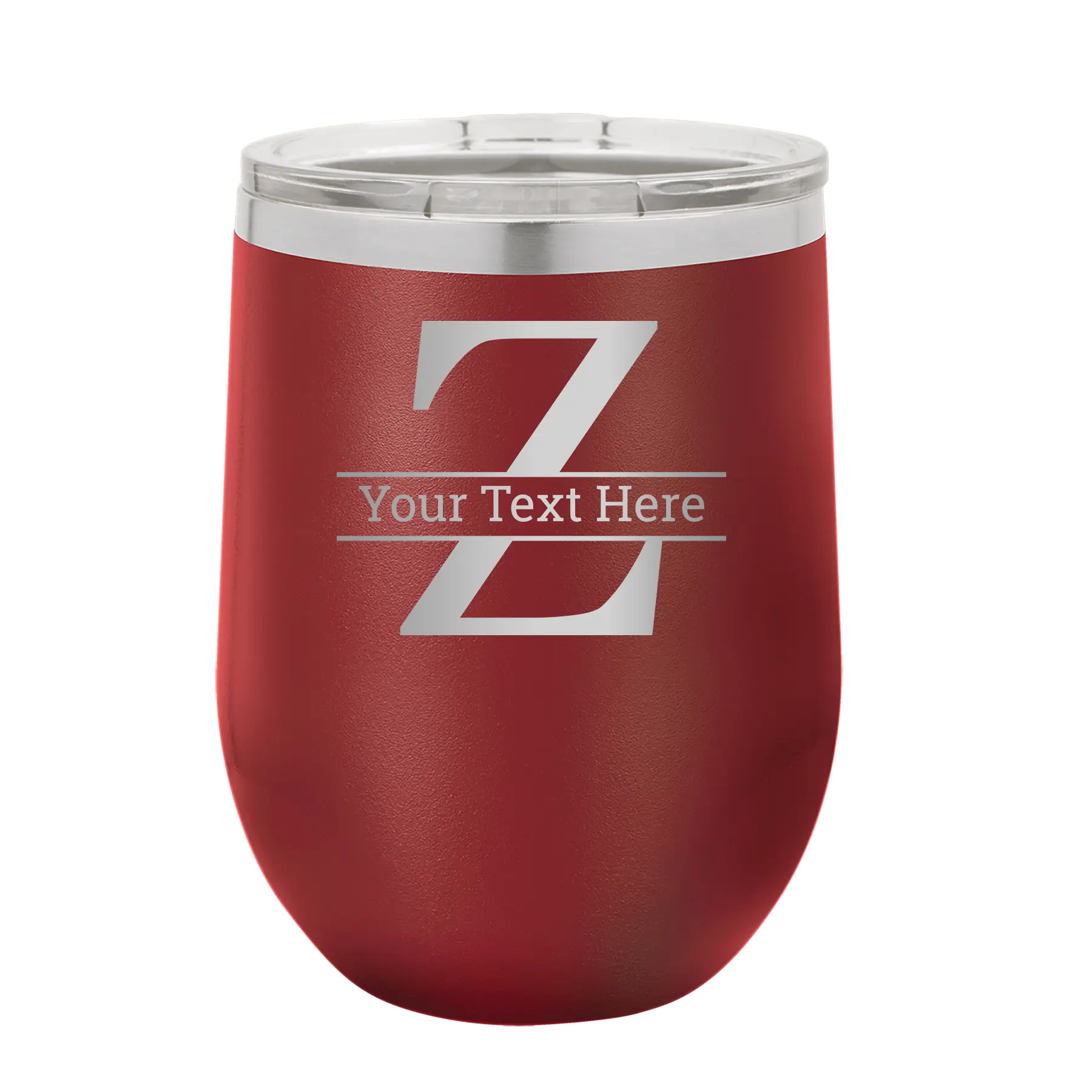 Personalized maroon 12 oz vacuum insulated wine cup with 'Monogram letter Z' design