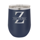Personalized navy 12 oz vacuum insulated wine cup with 'Monogram letter Z' design