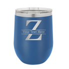Personalized royal blue 12 oz vacuum insulated wine cup with 'Monogram letter Z' design