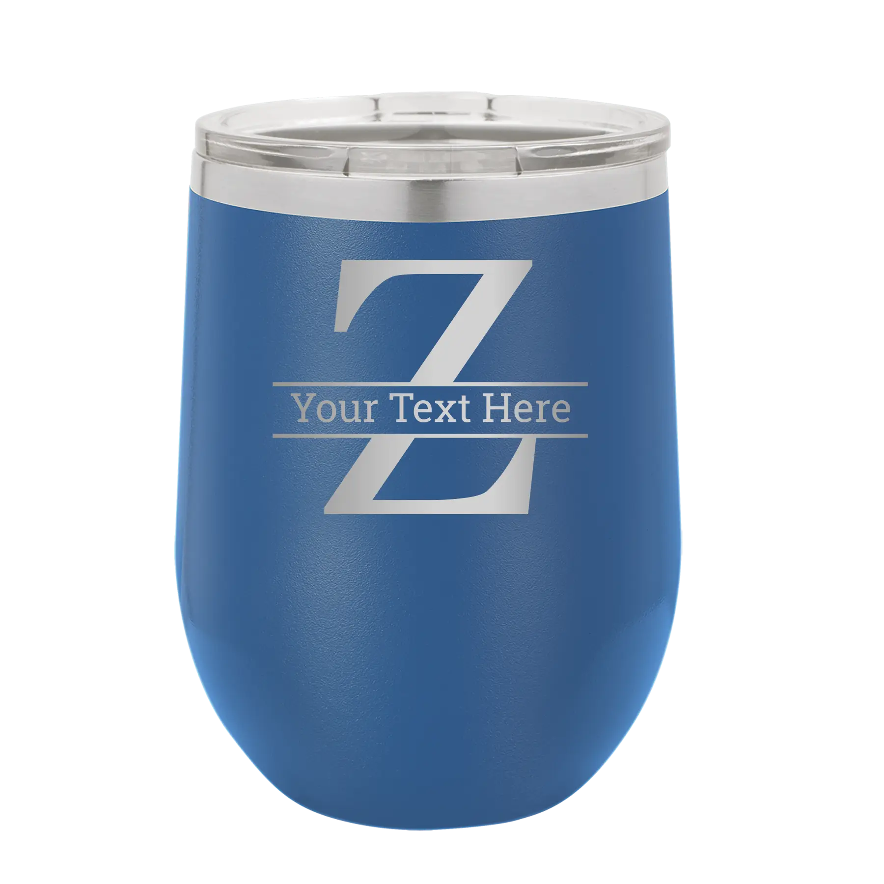 Personalized royal blue 12 oz vacuum insulated wine cup with 'Monogram letter Z' design