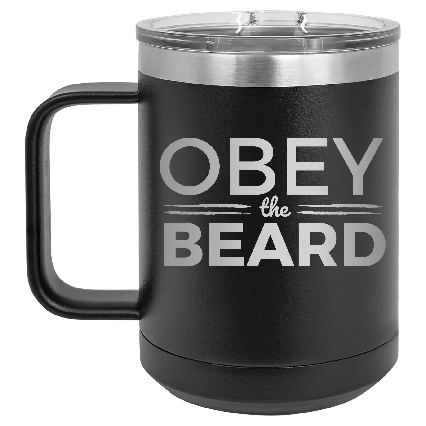 Laser etched black 15 oz vacuum insulated coffee mug with 'Obey the Beard' design