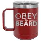 Laser etched maroon 15 oz vacuum insulated coffee mug with 'Obey the Beard' design