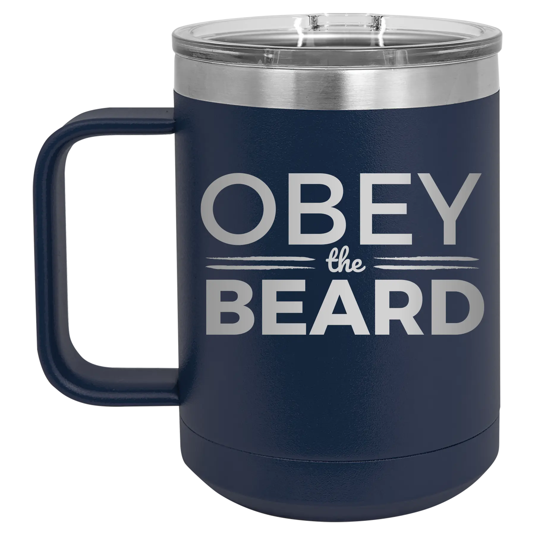 Laser etched navy 15 oz vacuum insulated coffee mug with 'Obey the Beard' design