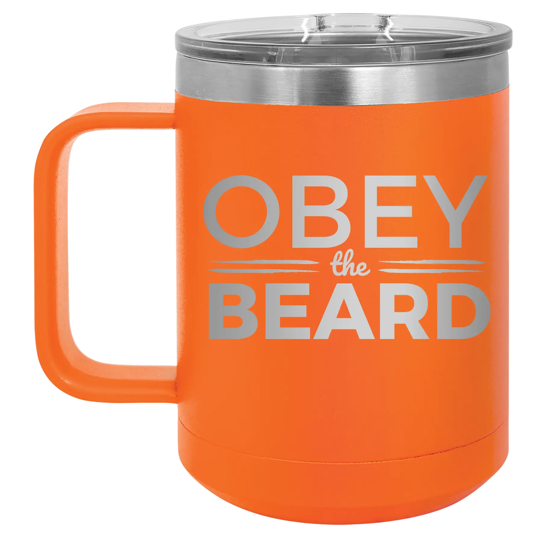 Laser etched orange 15 oz vacuum insulated coffee mug with 'Obey the Beard' design