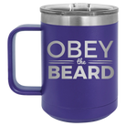 Laser etched purple 15 oz vacuum insulated coffee mug with 'Obey the Beard' design