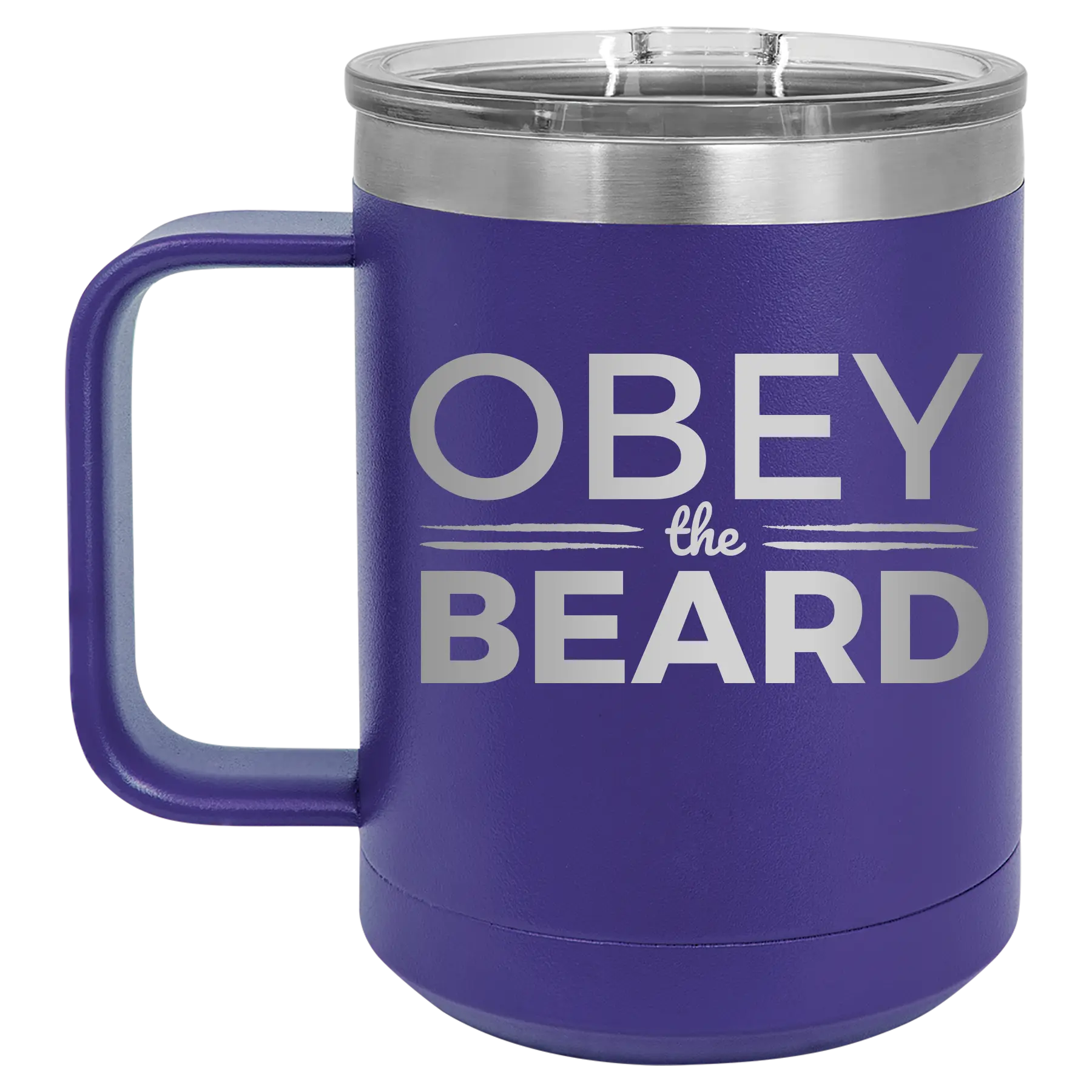 Laser etched purple 15 oz vacuum insulated coffee mug with 'Obey the Beard' design