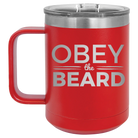 Laser etched red 15 oz vacuum insulated coffee mug with 'Obey the Beard' design