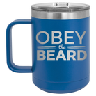 Laser etched royal blue 15 oz vacuum insulated coffee mug with 'Obey the Beard' design