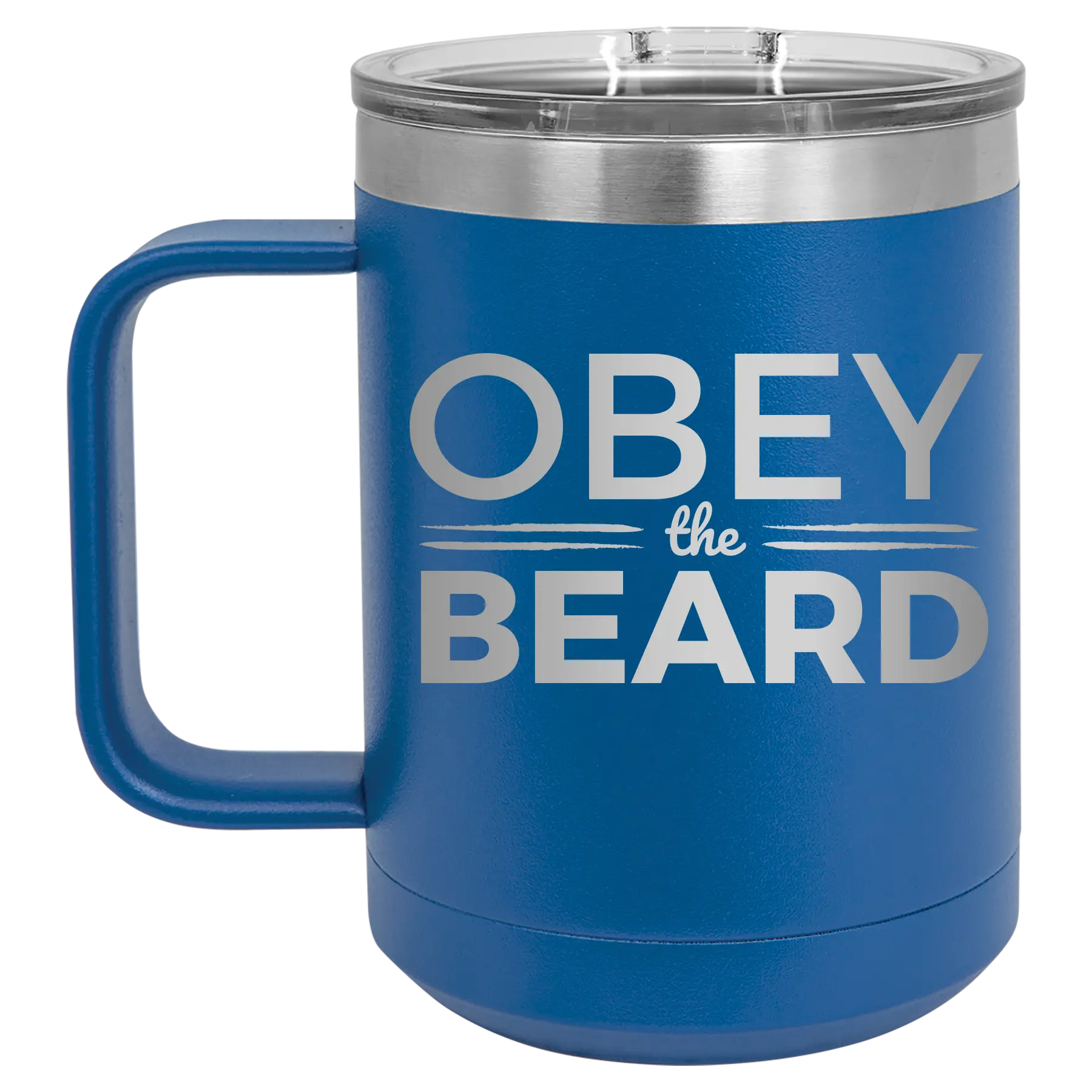 Laser etched royal blue 15 oz vacuum insulated coffee mug with 'Obey the Beard' design