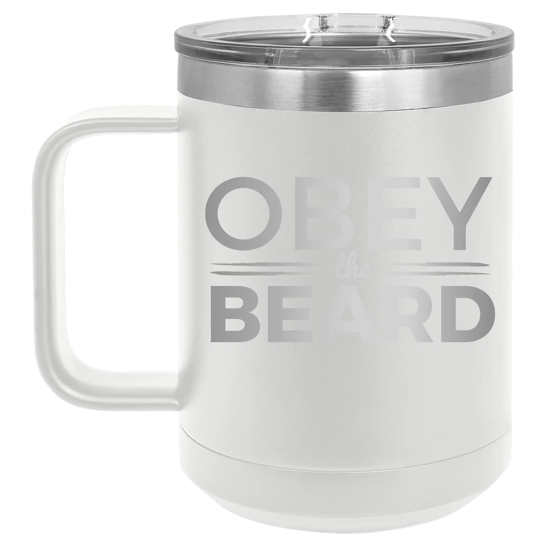 Laser etched white 15 oz vacuum insulated coffee mug with 'Obey the Beard' design