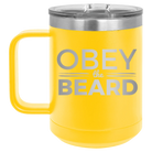 Laser etched yellow 15 oz vacuum insulated coffee mug with 'Obey the Beard' design