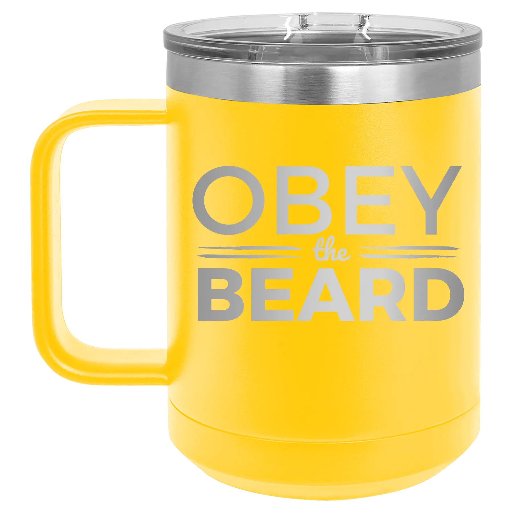 Laser etched yellow 15 oz vacuum insulated coffee mug with 'Obey the Beard' design