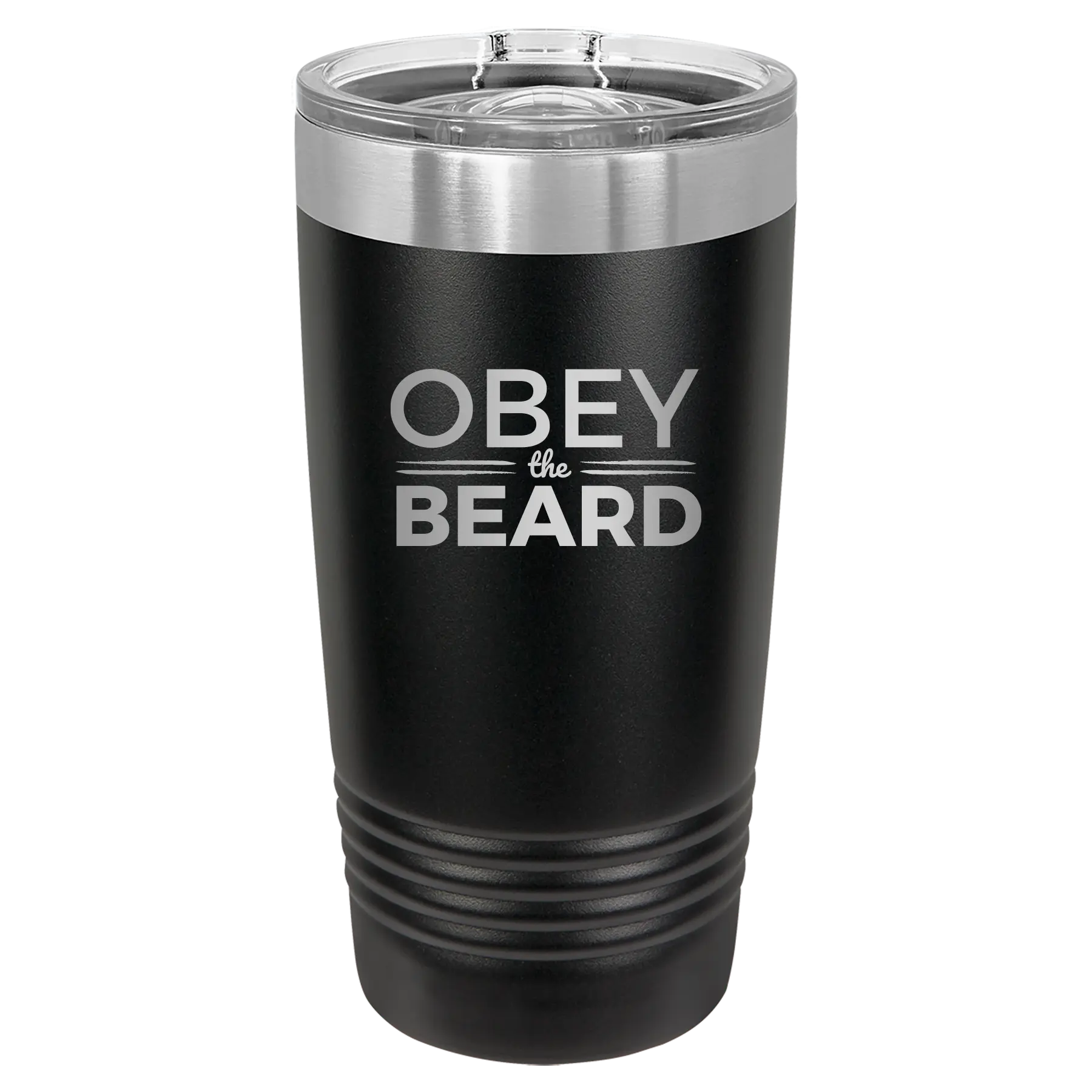 Laser etched black 20 oz vacuum insulated tumbler with 'Obey the Beard' design