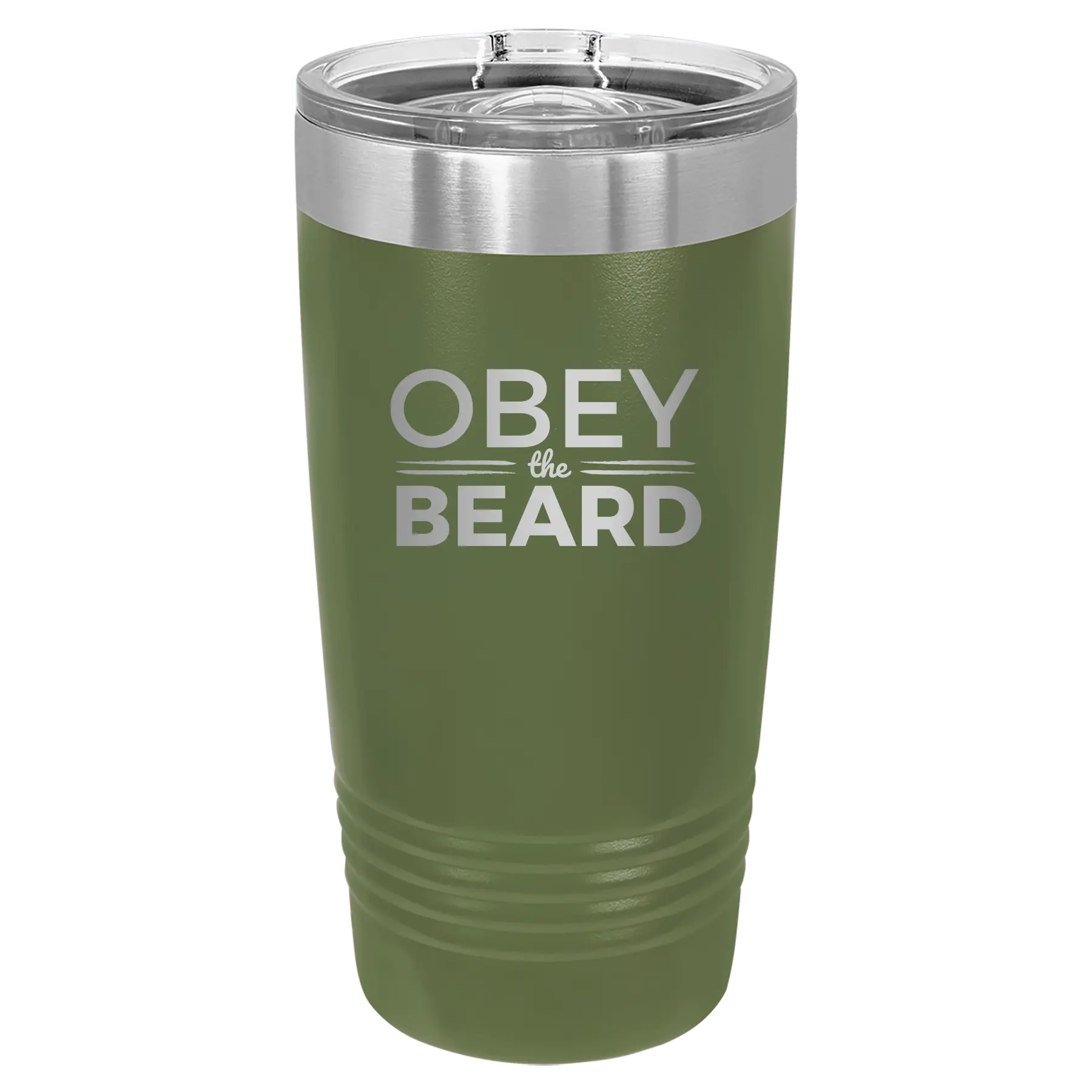 Laser etched olive green 20 oz vacuum insulated tumbler with 'Obey the Beard' design