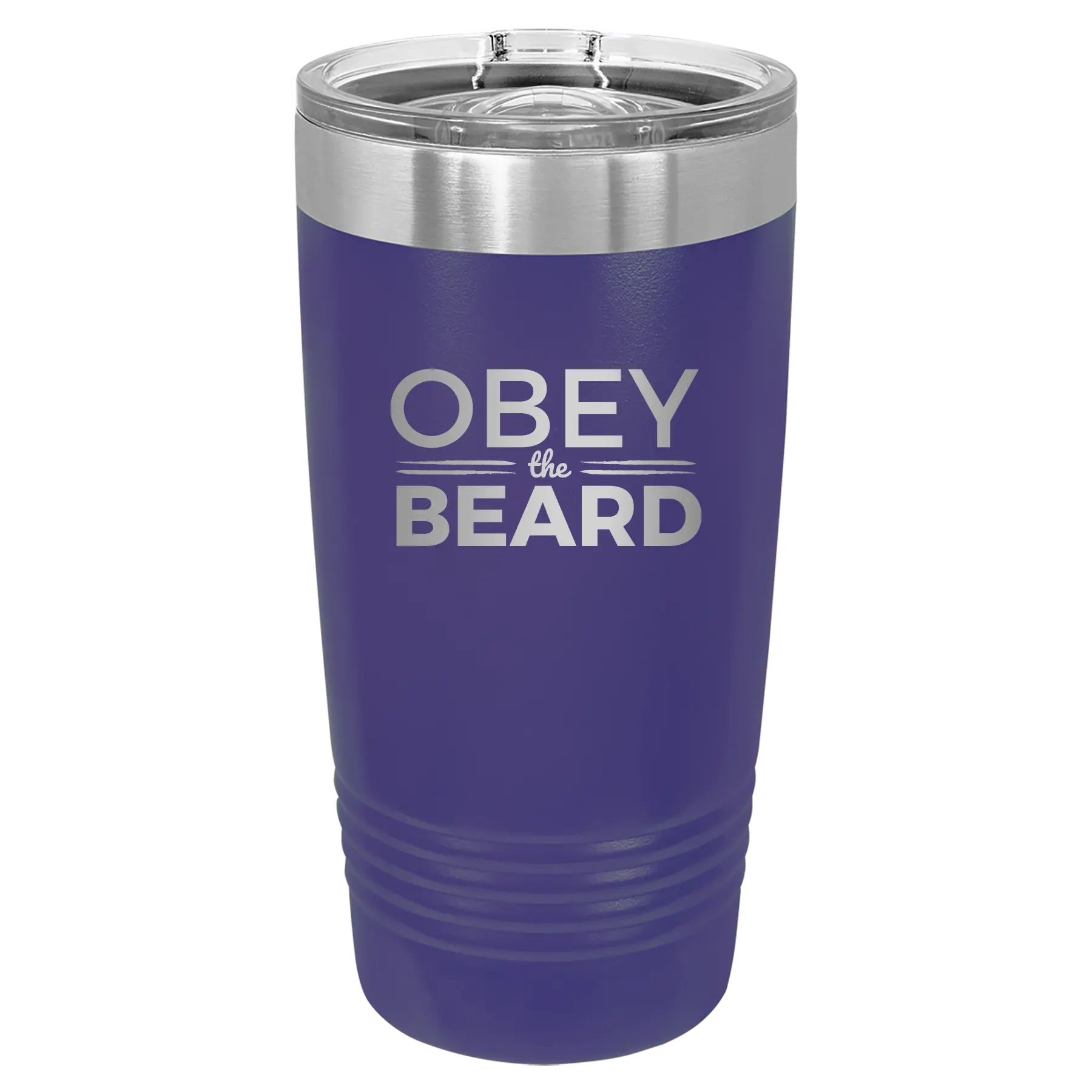 Laser etched purple 20 oz vacuum insulated tumbler with 'Obey the Beard' design
