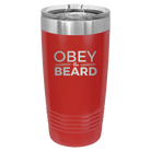 Laser etched red 20 oz vacuum insulated tumbler with 'Obey the Beard' design