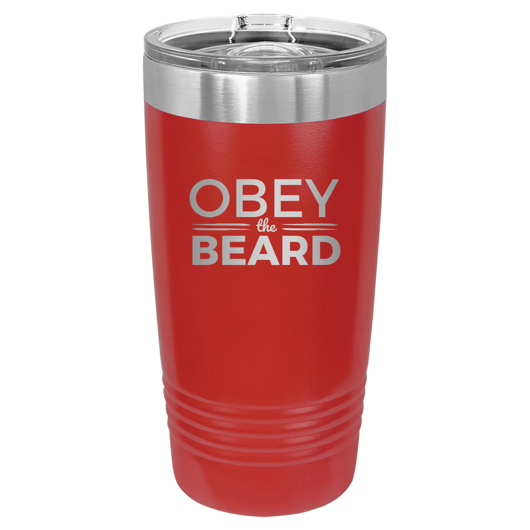 Laser etched red 20 oz vacuum insulated tumbler with 'Obey the Beard' design