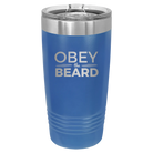 Laser etched royal blue 20 oz vacuum insulated tumbler with 'Obey the Beard' design
