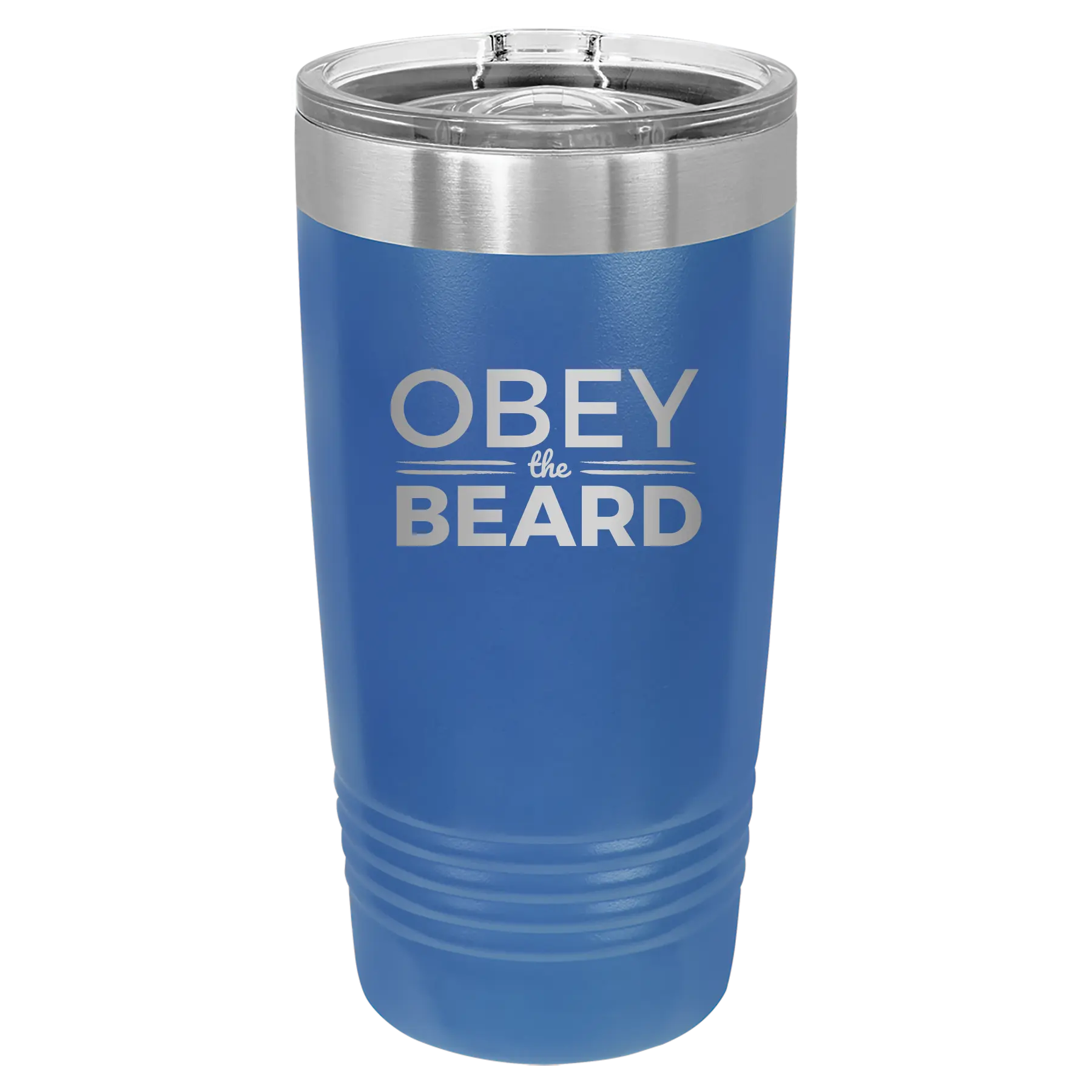 Laser etched royal blue 20 oz vacuum insulated tumbler with 'Obey the Beard' design