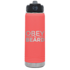 Laser etched coral 20 oz vacuum insulated water bottle with 'Obey the Beard' design