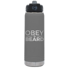 Laser etched dark gray 20 oz vacuum insulated water bottle with 'Obey the Beard' design