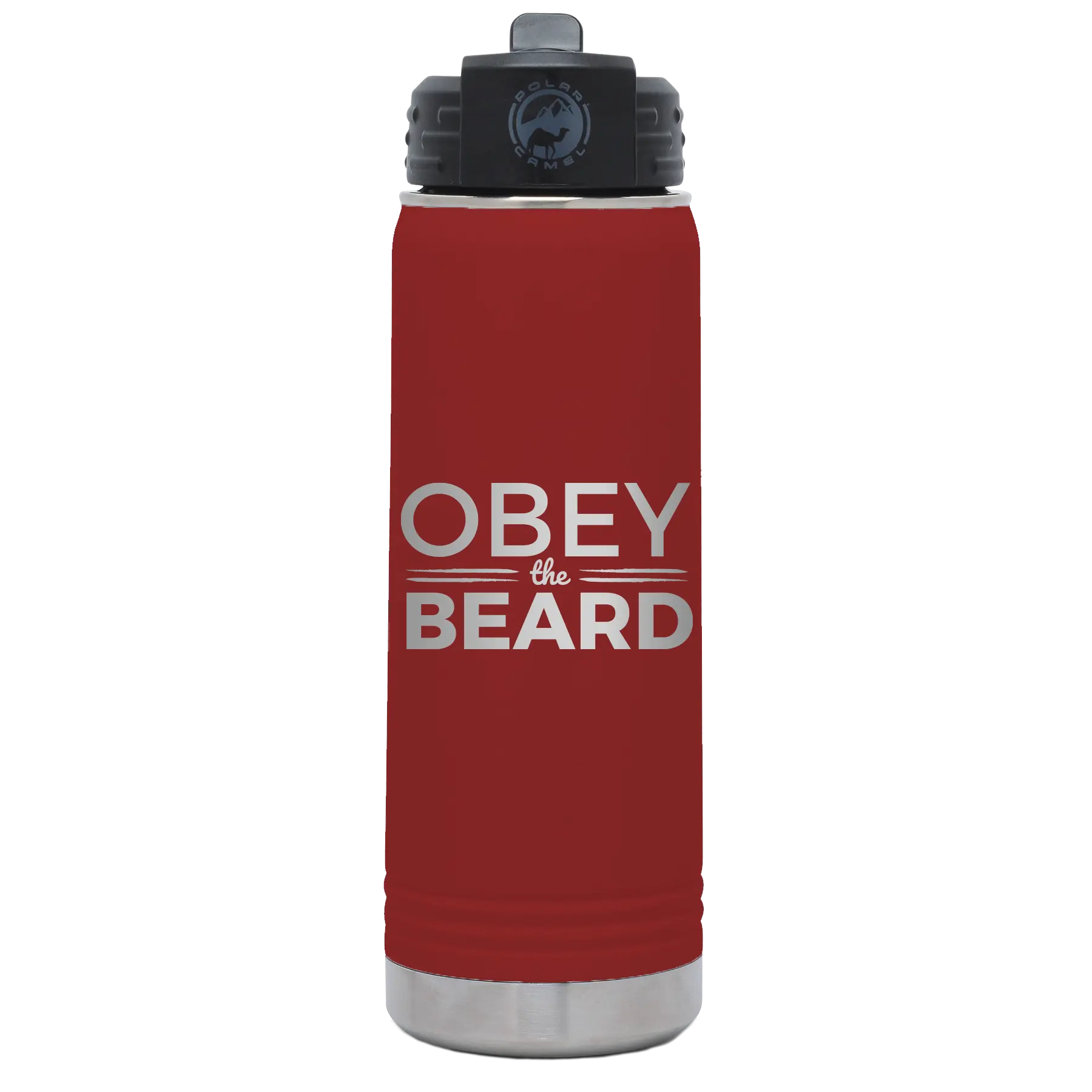 Laser etched maroon 20 oz vacuum insulated water bottle with 'Obey the Beard' design