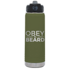 Laser etched olive green 20 oz vacuum insulated water bottle with 'Obey the Beard' design