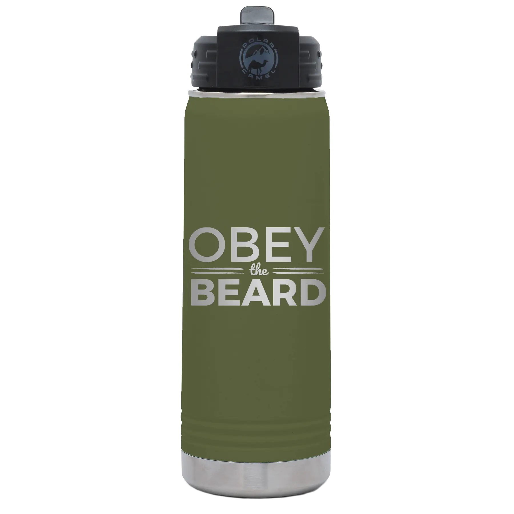 Laser etched olive green 20 oz vacuum insulated water bottle with 'Obey the Beard' design
