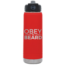 Laser etched red 20 oz vacuum insulated water bottle with 'Obey the Beard' design