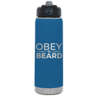 Laser etched royal blue 20 oz vacuum insulated water bottle with 'Obey the Beard' design