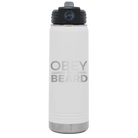 Laser etched white 20 oz vacuum insulated water bottle with 'Obey the Beard' design