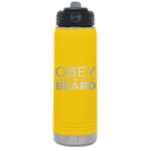 Laser etched yellow 20 oz vacuum insulated water bottle with 'Obey the Beard' design