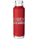 Laser etched red 24 oz vacuum insulated water bottle with 'Obey the Beard' design